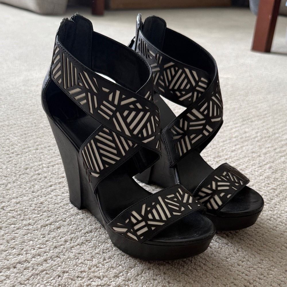 DVF Black and White Geometric Wedge Sandals